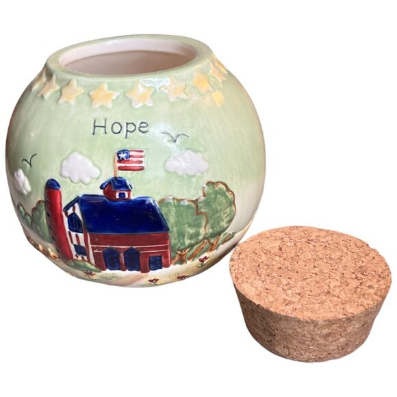 Stoneware Country HOPE Jar Patriotic American Flag Stars Grass Sky 3.75" t x 4.5 - Picture 2 of 15